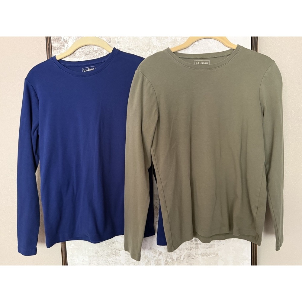 L.L. Bean Womens XS Reg 100% Cotton Long Sleeve Crewneck T-Shirts Blue & Green